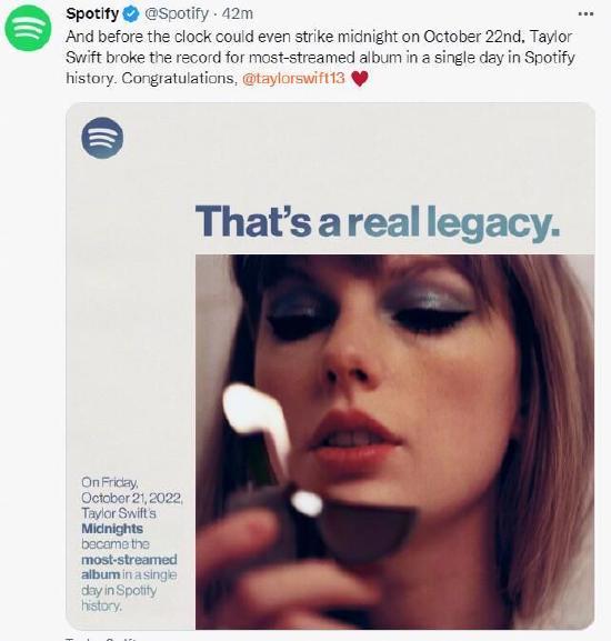 Taylor Swift新专辑打破Spotify单日最高播放纪录