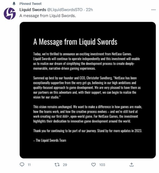 Liquid Swords宣布获得网易资助 开发3A开放世界游戏