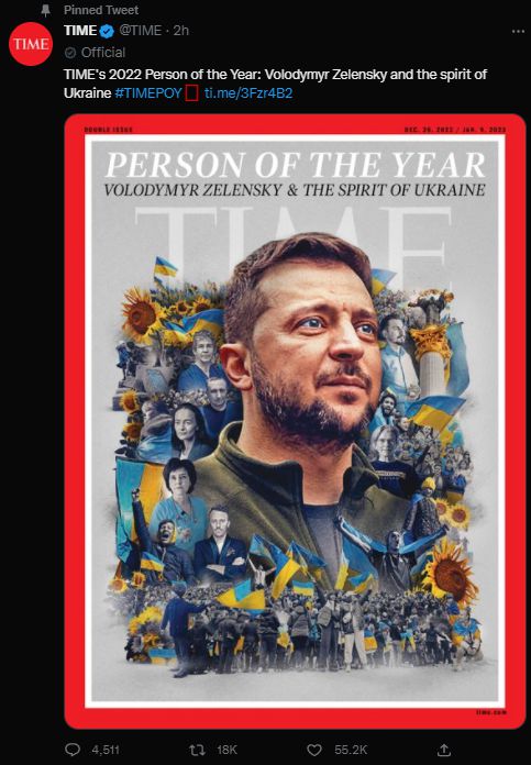 外媒：2022年《时代》杂志年度人物是泽连斯基和“乌克兰精神”