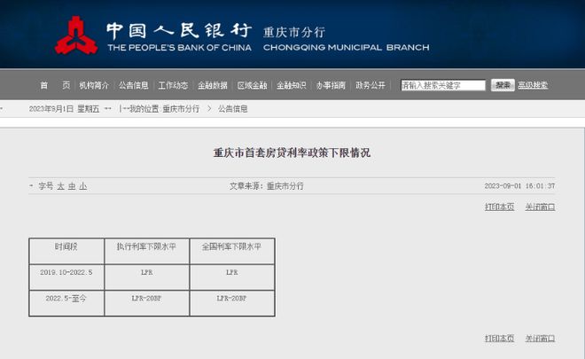 重庆公布首套房贷利率政策下限情况