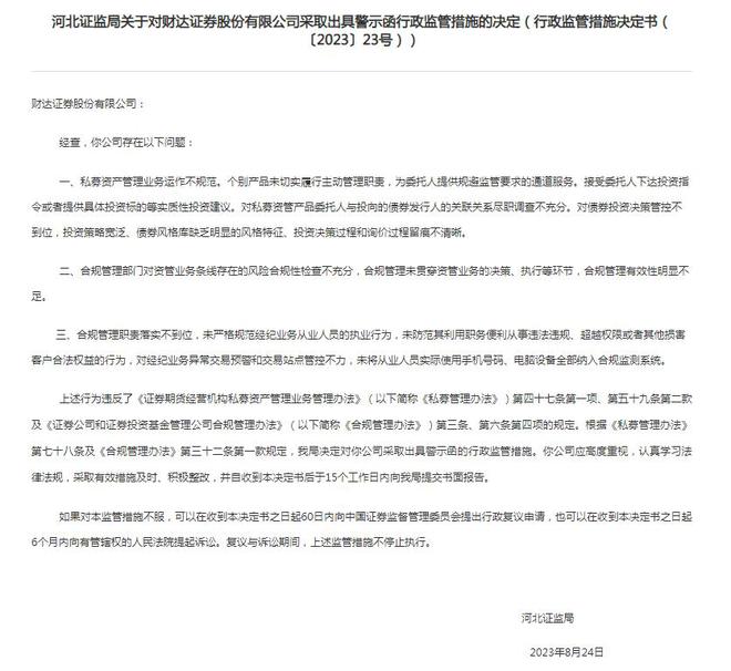 财达证券及一分公司被警示：合规管理职责落实不到位等