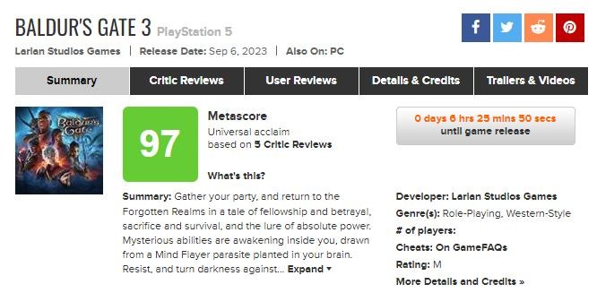 《博德之门3》PS5版媒体评分解禁 M站均分97