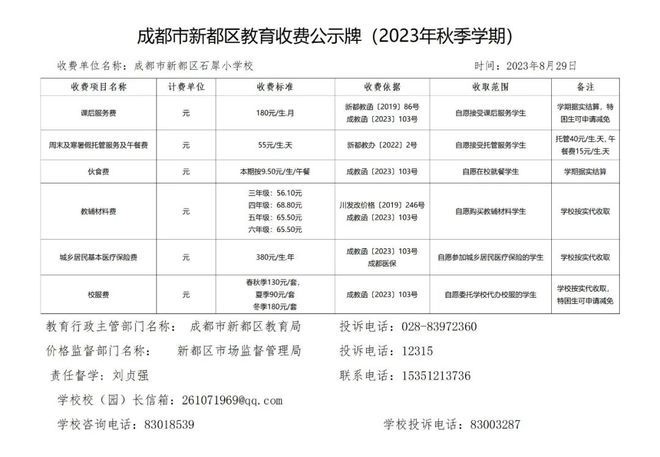 成都多所中小学2023年收费公示！