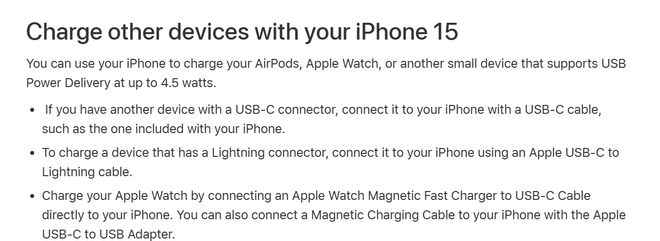 苹果iPhone 15 手机 USB-C 接口支持 4.5W 反向充