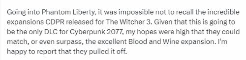 博主大赞《2077往日之影》：媲美巫师3的血与酒