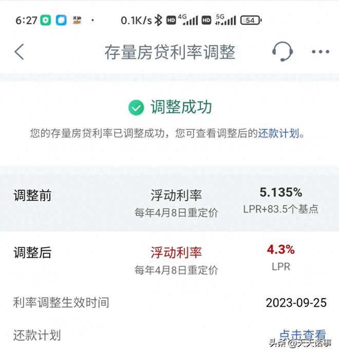 房贷利率下降了，从5.135%下降到了4.3%，月供少了一百多块