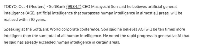 软银 CEO 孙正义：AI 智慧有望在 10 年内超过人类