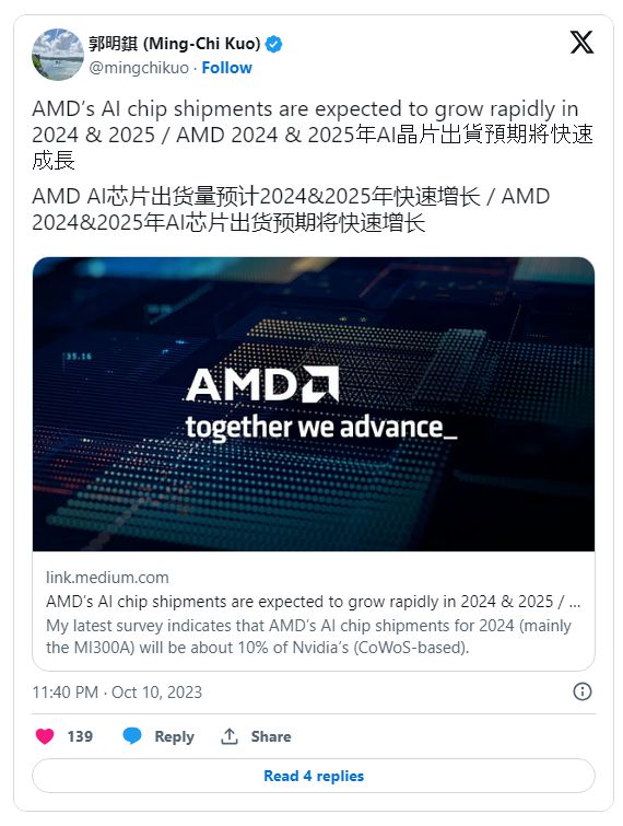 郭明錤看好 AMD 的 AI 加速卡，2025 年出货量约为英伟达的 30%