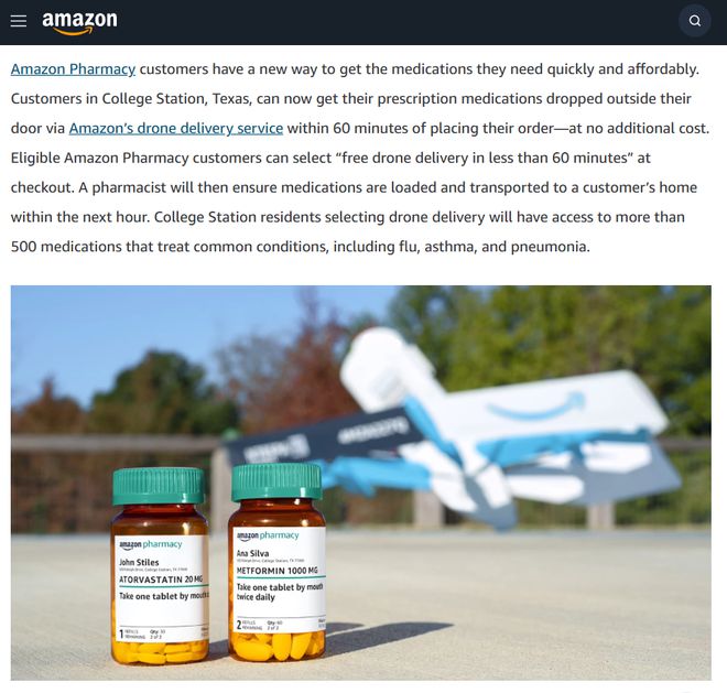 处方药下单一小时送达，亚马逊在美国部分地区推出无人机送药服务