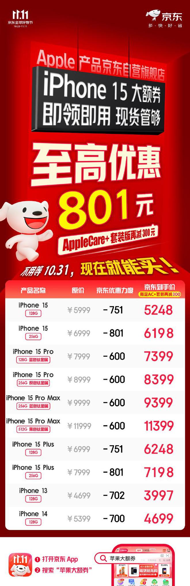 京东苹果 iPhone 15 系列机型最高降价 801 元，到手 5248 元起