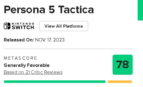 《女神异闻录5：战略版》M站评分78：IGN、GS双8分