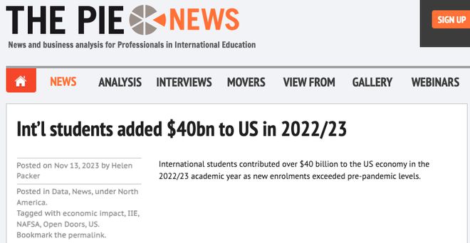 2022/23年国际学生为美国带来超400亿美元经济收入